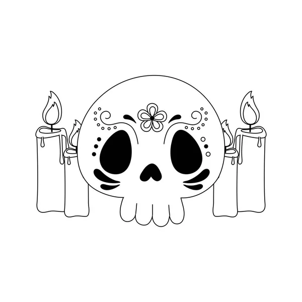 Jour des morts, crâne avec fleur et bougies décoration mexicaine célébration style ligne — Image vectorielle