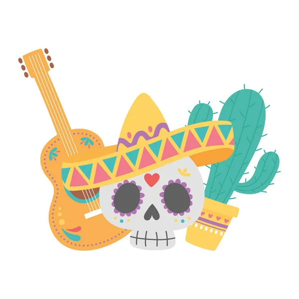 Día de los muertos, calavera con sombrero guitarra y cactus celebración mexicana — Vector de stock