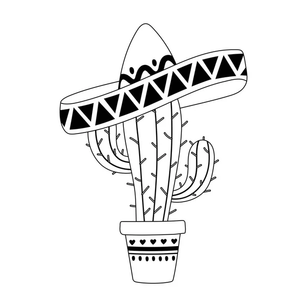 Día de los muertos, cactus en maceta con el estilo tradicional de la línea de celebración mexicana sombrero — Vector de stock