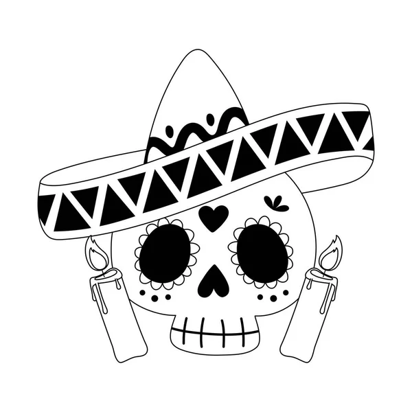 Jour des morts, crâne avec chapeau et bougies style ligne de célébration mexicaine — Image vectorielle