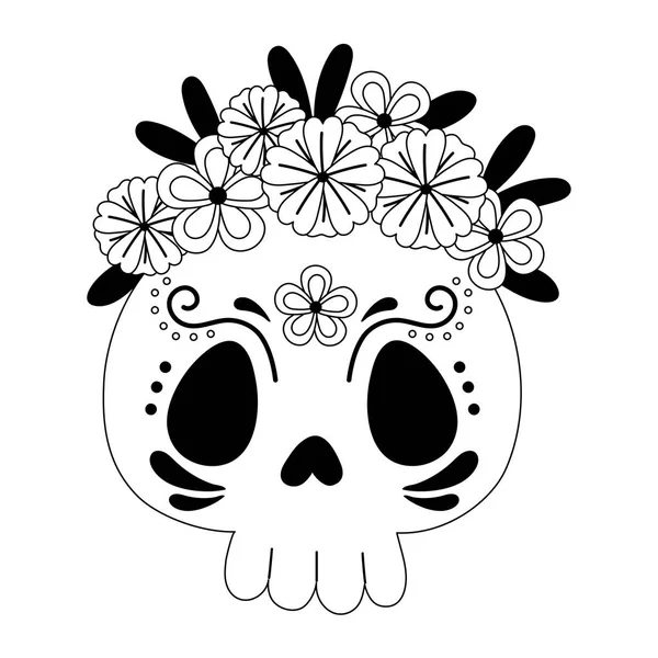 Jour des morts, le crâne de sucre catrina avec des fleurs style ligne de célébration mexicaine — Image vectorielle