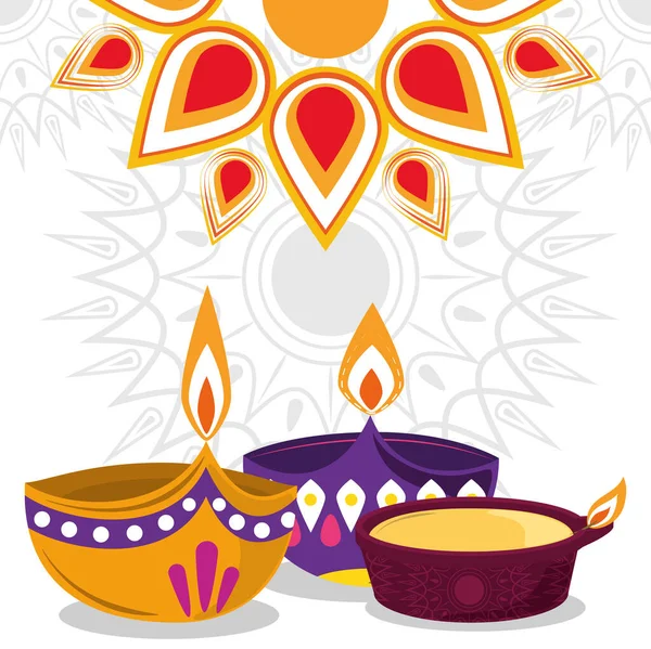 Heureux festival diwali, lampes diya lumières décoration fleur mandala fond — Image vectorielle