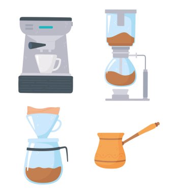 Kahve demleme metodları, espresso türkleri dökülüyor ve ikonları damlatıyor.