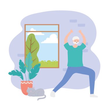 aktivite son sınıfları, yaşlı büyükbaba kedili odada yoga yapıyor.
