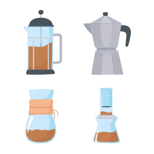 Coffee brewing methods, french press, moka pot, chemex icons — Stock Vector