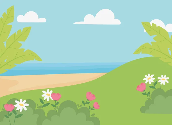 Paisaje prado flores arena playa mar y cielo — Archivo Imágenes Vectoriales