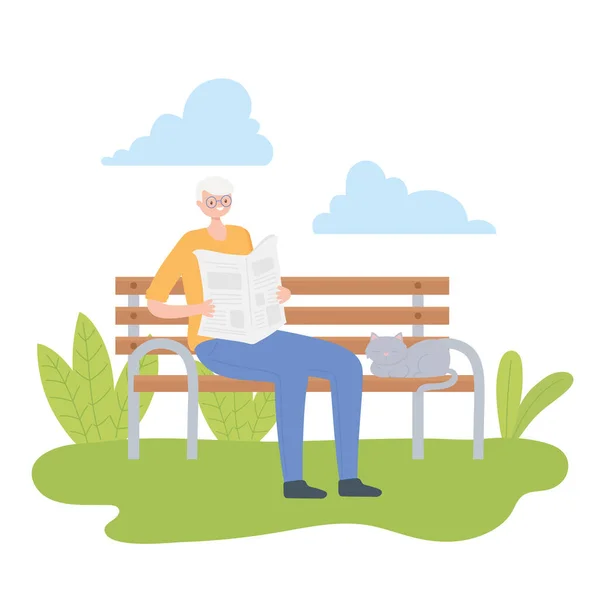 Activité seniors, vieil homme lisant le journal dans le banc du parc avec chat — Image vectorielle