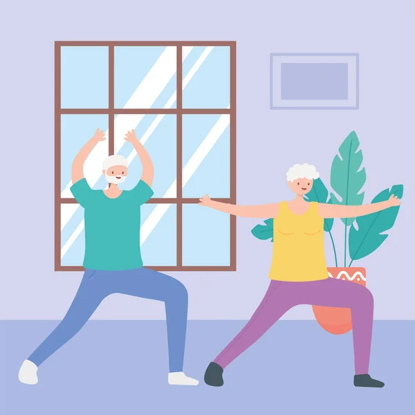 Activity seniors, grandpa and grandma practicing yoga in the room — Stock Vector