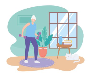 aktivite yaşlıları, odada ağırlık kaldıran yaşlı bir kadın.
