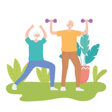 aktivite yaşlıları, parkta egzersiz yapan yaşlı adamlar.