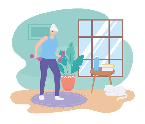 Aktivitet seniorer, gamla kvinna lyfta vikt sport i rummet — Stock vektor