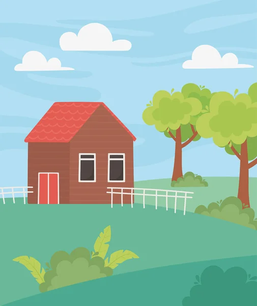 Casa de campo paisagem com cerca árvores jardim e prado desenhos animados — Vetor de Stock