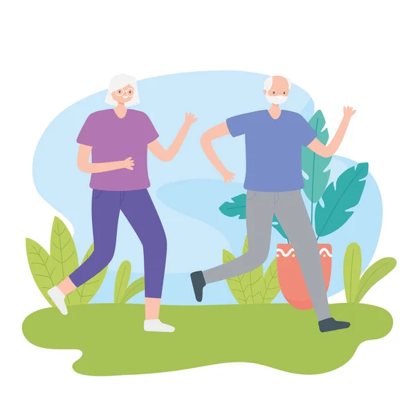 Activity seniors, elderly couple running in the park — Stock Vector