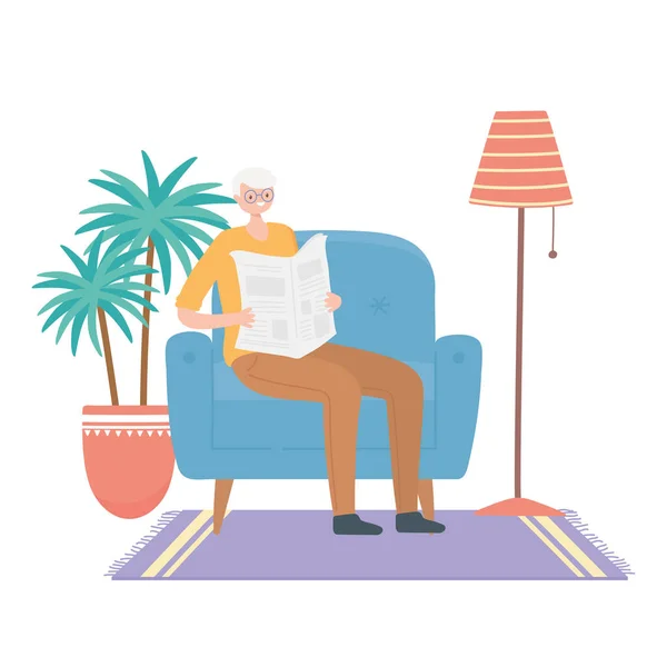 Активность пожилых людей, зрелый мужчина читает газету сидя на диване — стоковый вектор