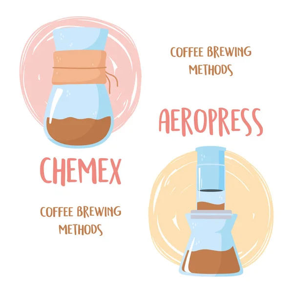 Kaffeebrühverfahren, Chemex und Aeropress-Verfahren — Stockvektor