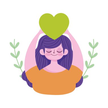 world mental health day, cartoon young woman with green heart clipart