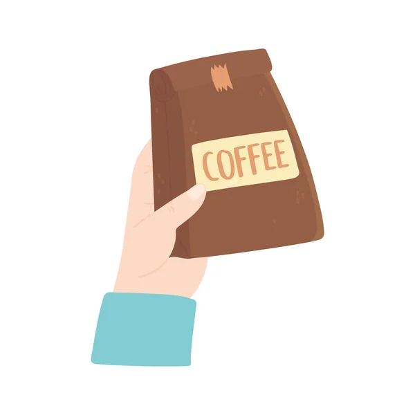 Mano con paquete de café producto aislado icono estilo — Vector de stock