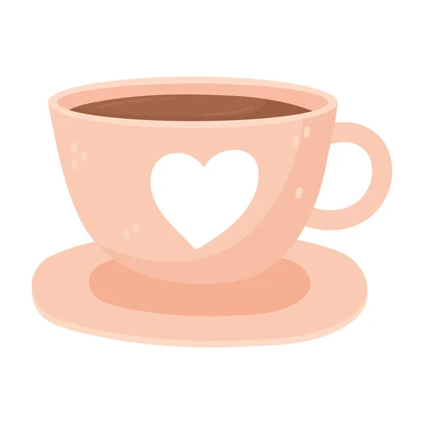Чашка кофе на блюде с сердцем мультфильм изолированный стиль икона — стоковый вектор
