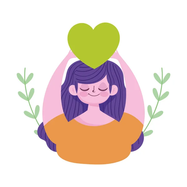 Dünya Akıl Sağlığı Günü, yeşil kalpli genç kadın çizgi filmi.