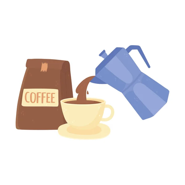 Día internacional del café, la tetera vertiendo en la taza y el producto del paquete — Vector de stock