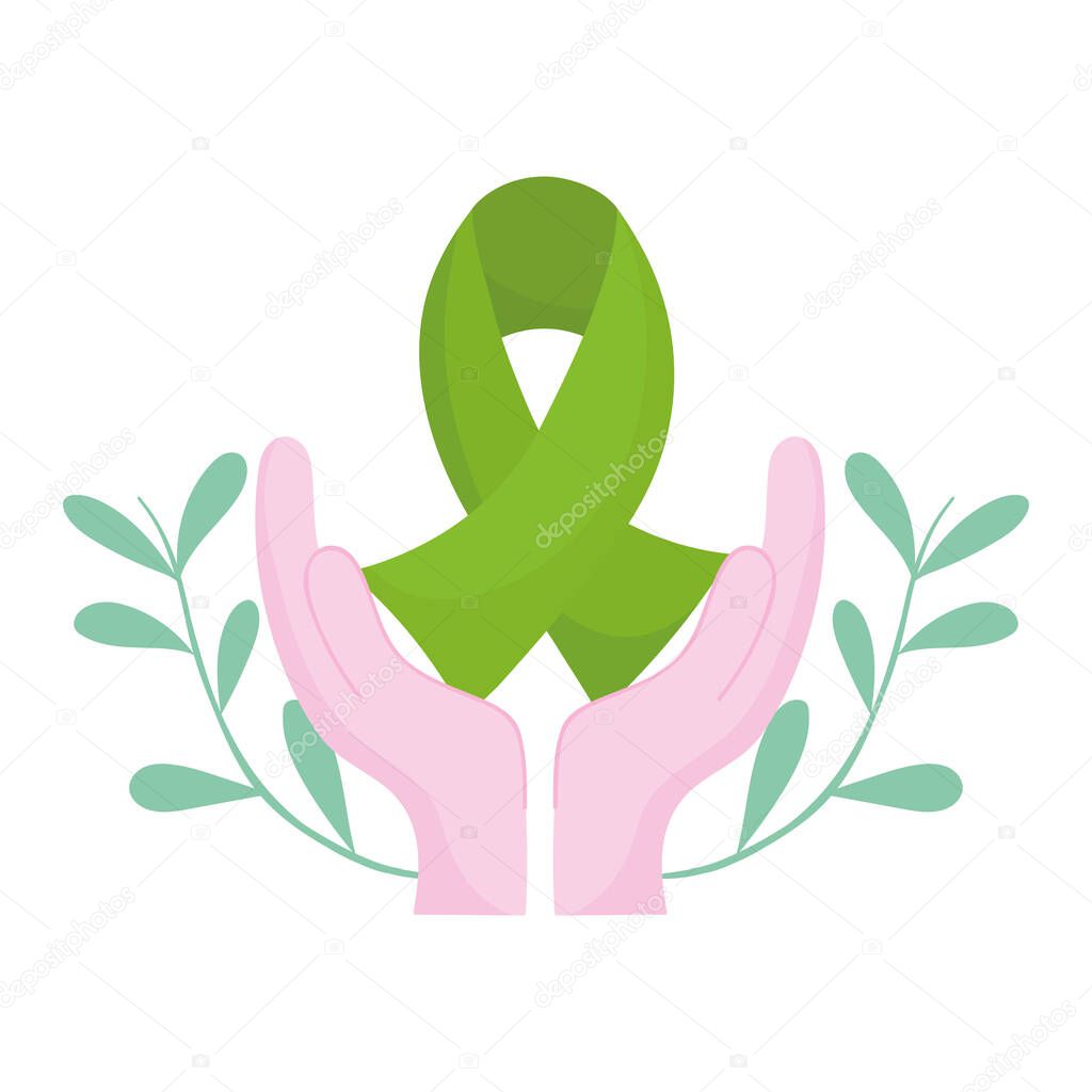 world mental health day, hands green ribbon brain emblem