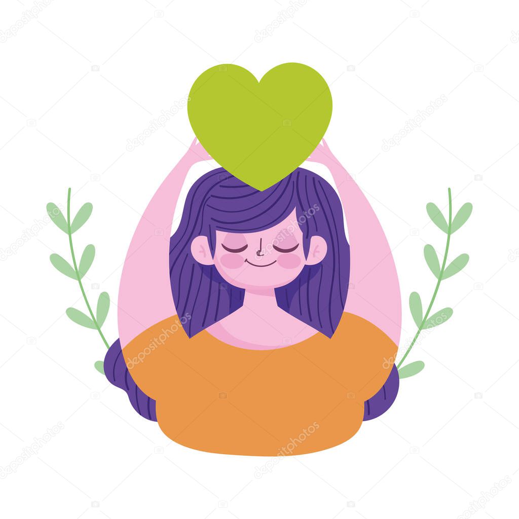 world mental health day, cartoon young woman with green heart
