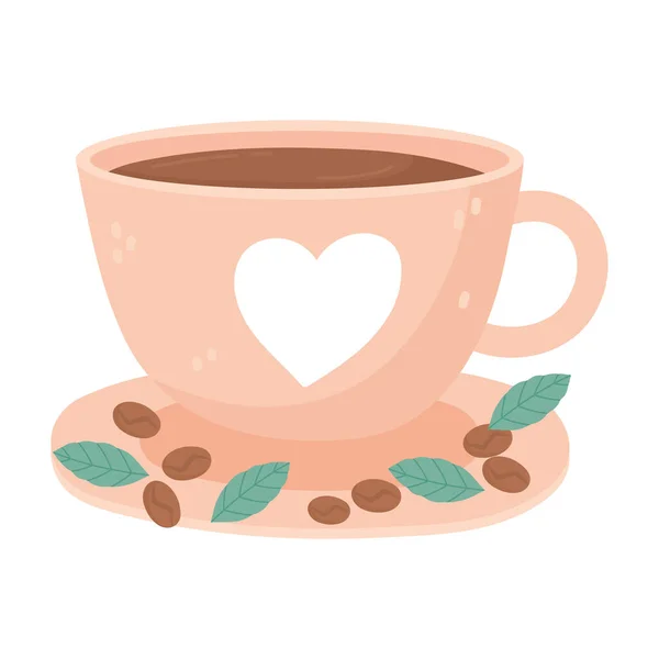 Journée internationale du café, tasse avec des graines et des feuilles de coeur — Image vectorielle