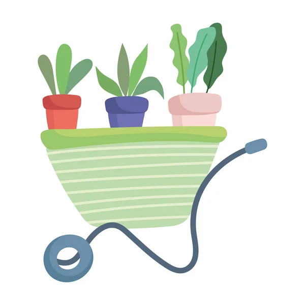 Šťastná zahrada, kolečko s květináčem kreslené rostliny — Stockový vektor
