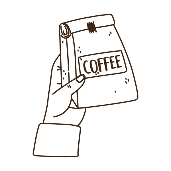 手にパッケージコーヒー製品ラインアイコンスタイル — ストックベクタ