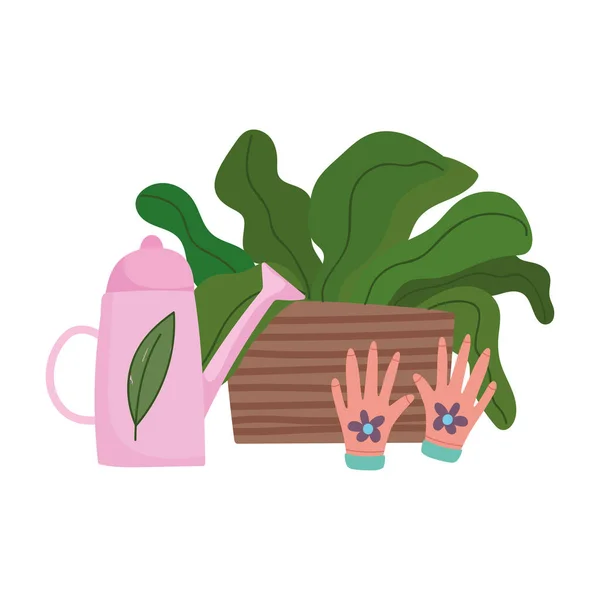 Zahradničení, zalévání plechovky rukavice a květináč příroda izolované ikony styl — Stockový vektor