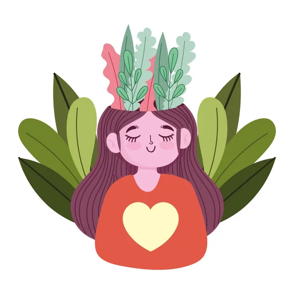 Día mundial de la salud mental, chica feliz con la naturaleza follaje en la cabeza — Archivo Imágenes Vectoriales