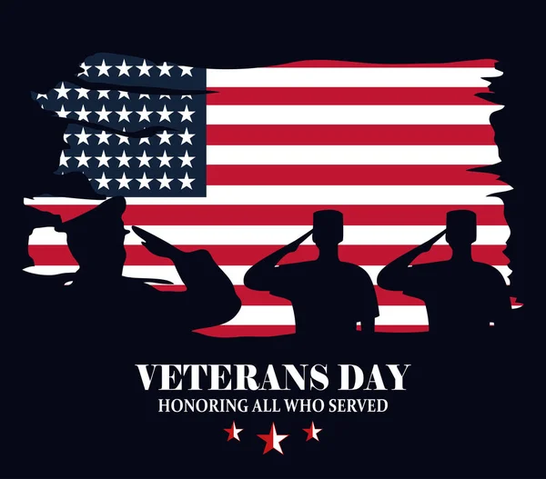 Glad veteraner dag, militärer silhuett över flagga grunge stil — Stock vektor