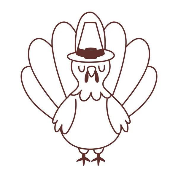 Kalkoen cartoon vogel met pelgrim hoed geïsoleerde pictogram ontwerp lijn stijl — Stockvector