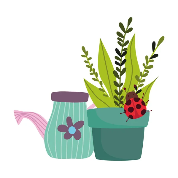 Jardinage, arrosage pot plante avec coccinelle conception isolée — Image vectorielle