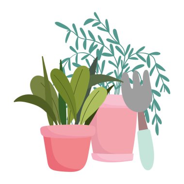 Bahçe işleri, saksı bitkileri yaprakları ve tırmık aletleri.