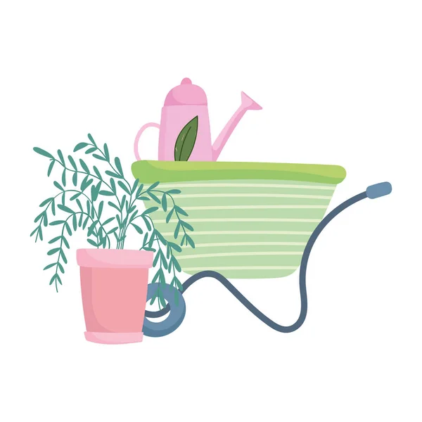 快乐的花园，手推车浇灌罐和盆栽卡通画 — 图库矢量图片