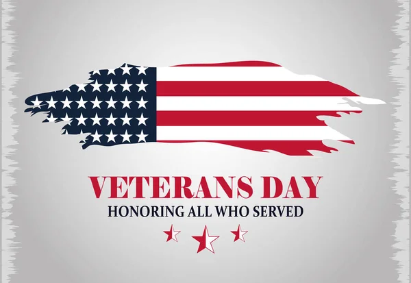 Glad veteraner dag, inskription grunge amerikansk flagga, grå bakgrund — Stock vektor
