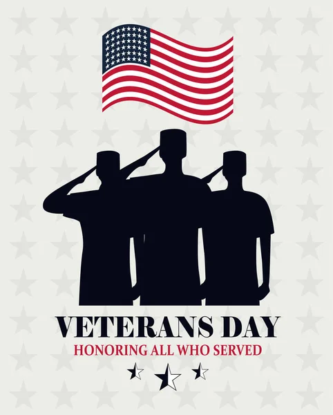 Glad veterandag, viftar med amerikansk flagga och soldater saluteringskort — Stock vektor