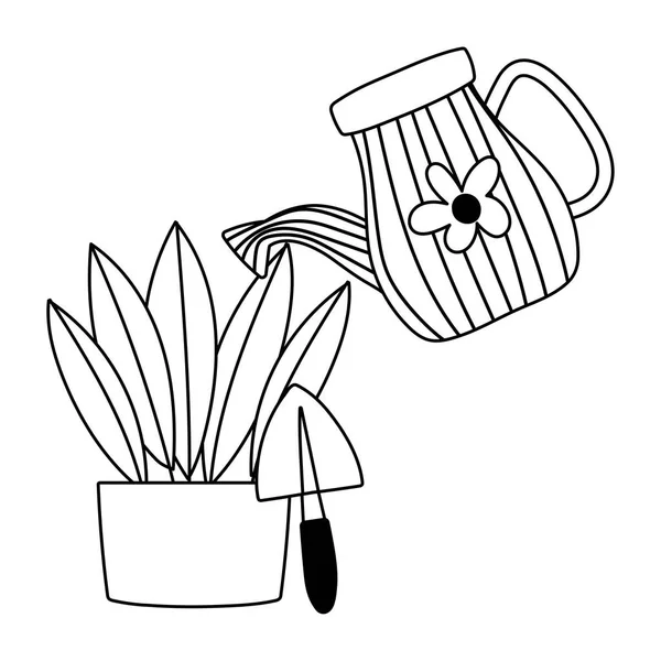Jardinería, regadío puede verter en maceta planta con la línea de la pala icono de estilo — Archivo Imágenes Vectoriales