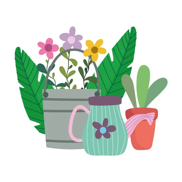 Šťastná zahrada, kbelík zavlažování může zavést květiny a květináč — Stockový vektor