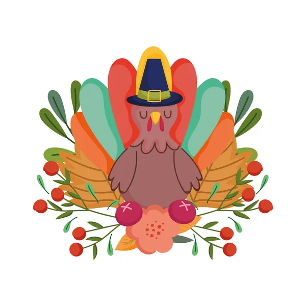 Feliz día de acción de gracias, pavo con sombrero de peregrino flores frutos follaje celebración — Vector de stock