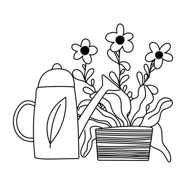 Gelukkige tuin, gieter en bloemen in pot decoratie lijn pictogram stijl — Stockvector