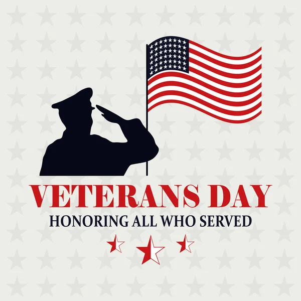 Glad veterandag, amerikansk flagga i pol och soldat saluterar minnesmärke — Stock vektor