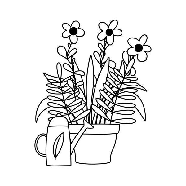 Tuinieren, bloemen in pot en water kan de natuur geïsoleerde lijn pictogram stijl — Stockvector