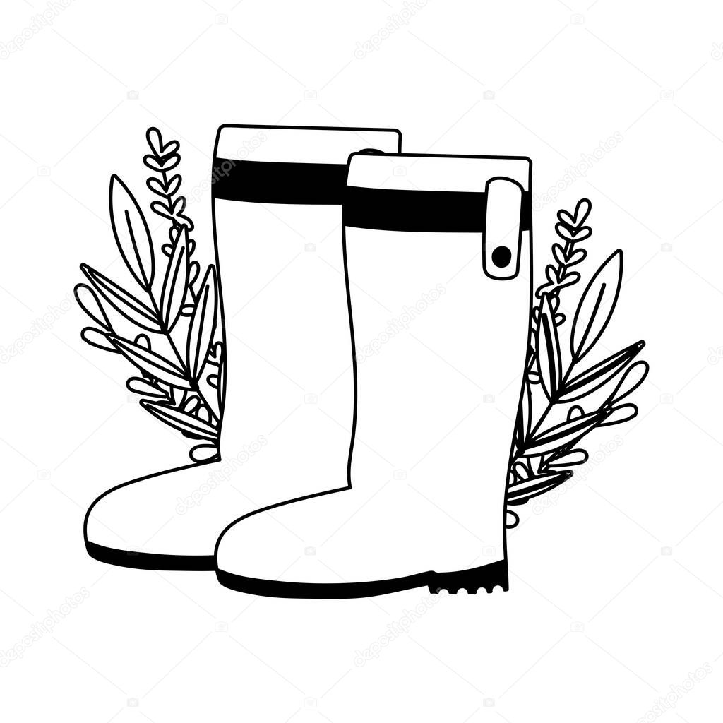 happy garden, rubber boots leaves foliage line icon style