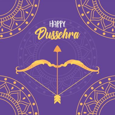 Mutlu dussehra festivali Hindistan altın mandalas yay ok mor arka plan
