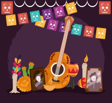 Ölülerin günü, fotoğraflar gitar, maraca mum, çiçek flama, Meksika kutlaması.