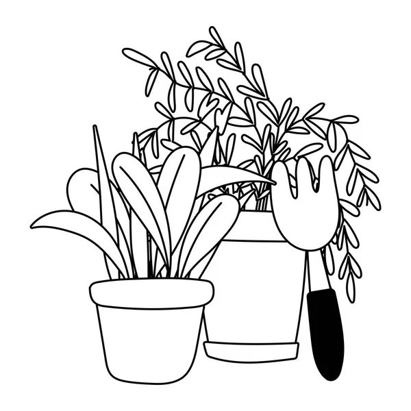 Jardinagem, vasos de folhas de plantas e rake ferramenta linha ícone estilo —  Vetores de Stock