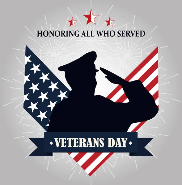 Glad veterandag dag, soldat slihouette på amerikansk flagga minnesmärke — Stock vektor