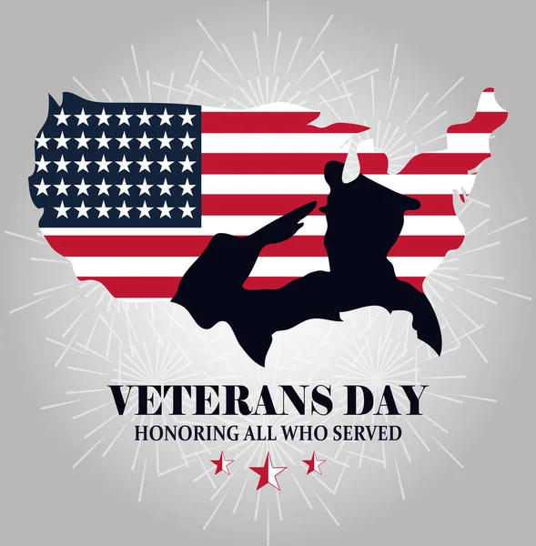 Glad veterandag, siluettsoldat på kartan med amerikansk flagga — Stock vektor